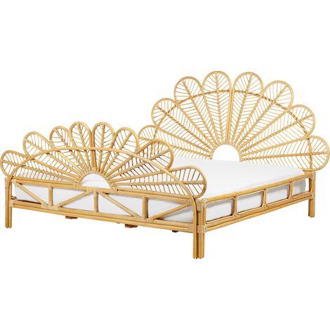 Letto matrimoniale in rattan con rete in legno chiaro e pannello intrecciato 180 x 200 cm Florentine