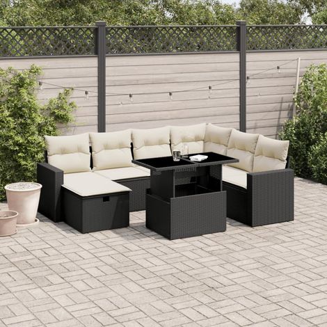 Ensemble Jardin 8 Places Noir Résine Tressée avec Table Réglable et Coussins Crème - Salon Extérieur Modulaire (1/5)
