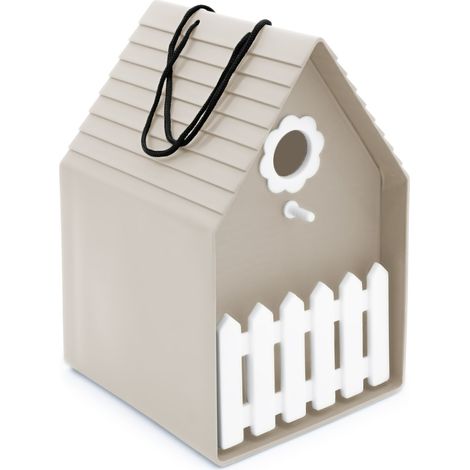 Kunststoff Vogelhäuschen zum Hängen 20 x 15 cm - beige - Vogel Nistkasten mit kleiner Sitzstange - Garten Deko Vogelhaus Futterstation Haus für Meisen und Sperlinge