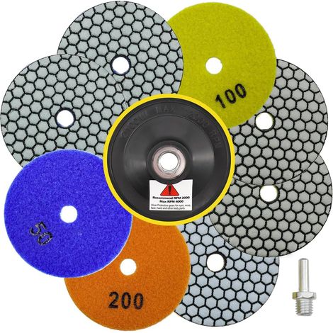 Disques de Polissage Diamant 10 Pièces - 8 Pièces Tampons Polissage 100mm (Grain 50 x 3, 100 x 3, 200 x 2), Plateau de Ponçage, Adaptateur pour Polissage Granit Marbre Quartz Pierre à Sec (1/5)