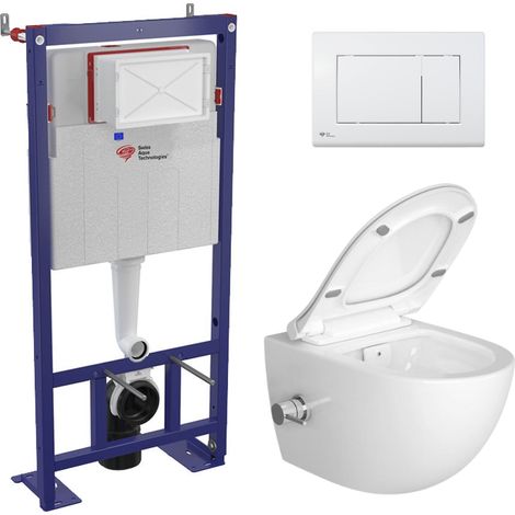 Swiss Aqua Technologies Pack WC bâti-autoportant + WC sans bride SAT Infinitio avec fonction bidet thermostatique + Abattant softclose + Plaque blanche (1/5)