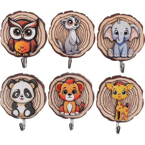 Patères murales en bois, motif animaux, compatibles avec la suspension (lot de 6). (1/5)