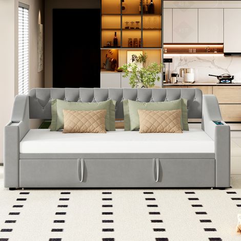 Canapé convertible matelassé velours gris, 90x190 cm (matelas 180x190 cm), accoudoirs rembourrés épais avec ports USB, poches de rangement latérales, sommier intégré, coffre de rangement dans les acco
