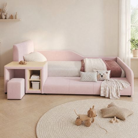 Letto bambino 90 x 200 cm con scrivania, sgabello e mensola, in velluto rosa OKMYHOME (1/5)