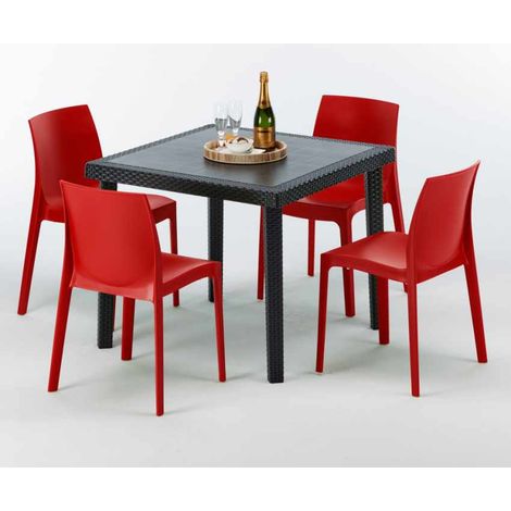 Schwarz Quadratisch Tisch und 4 Stühle Farbiges Polypropylen-Außenmastenset Grand Soleil Rome Passion - Rot