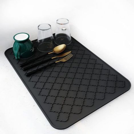 Tapis de vaisselle en silicone pour plans de travail de cuisine - tapis d'essuyage de la vaisselle (30 x 40 cm, noir)