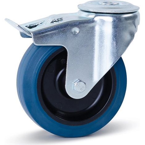 Roulette pivotante freinée - MESO - Caoutchouc élastique bleu - 125mm - 180kg - Trou central (1/2)