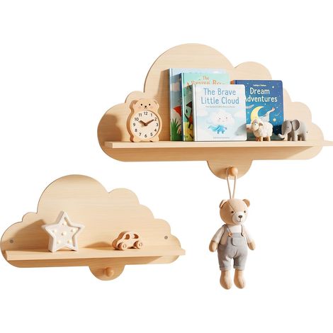COSTWAY Set di 2 Mensole da Muro per Bambini, Libreria da Parete a Nuvole in Legno Massello con 2 Ganci, Porta Libri e Giocattoli, Facile da Pulire, per Cameretta Decorazione (Naturale) (1/5)