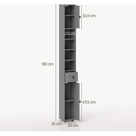 Meuble de salle de bain, 4 étagères, tiroir, panneaux de particules, design fin, gris