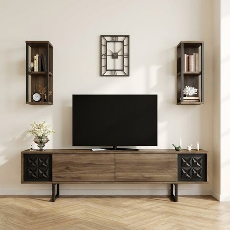 TV-Möbelset Black Line Walnuss Schwarz Melamin 180x48x30 cm