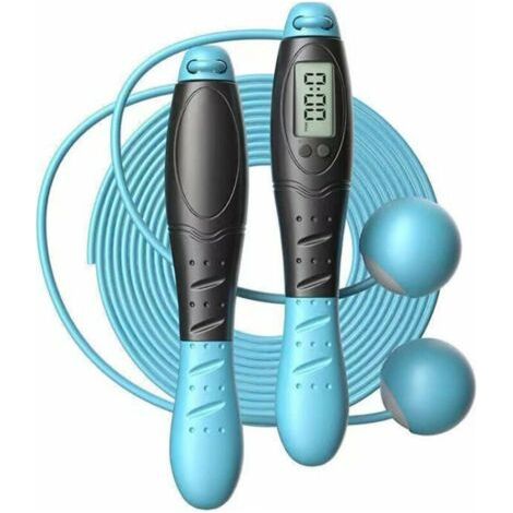 Corde à sauter intelligente avec compteur numérique – câble en acier tressé bleu, longueur ajustable (2,80 m), livrée avec poignées ergonomiques et balle de remplacement (1/5)