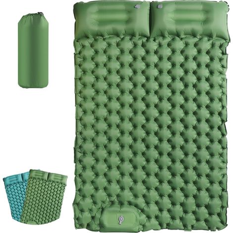 Matelas Autogonflant Camping 2 Places 123cm avec Oreiller Intégré, Tapis de Sol Pliable pour Randonnée et Voyage, Gonflage Rapide avec Pompe à Pied, Confortable et Compact, Vert, Idéal pour Plein Air (1/5)