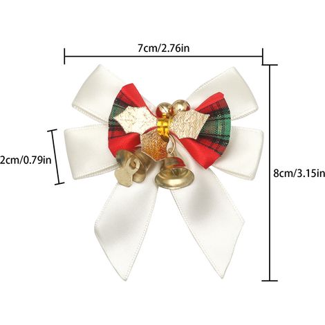 Nœud décoratif de Noël blanc crème 7×8 cm, motifs tartan, feuilles dorées et clochettes