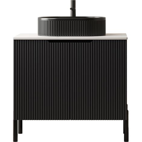 Meuble vasque salle de bain 76 cm noir avec vasque céramique ovale rayée, plan vasque en pierre frittée, double porte à fermeture douce, style romantique CHICFURN (1/5)