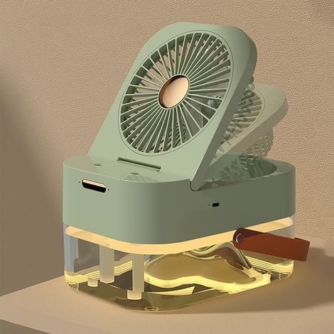 Petit ventilateur de bureau pliable et silencieux avec brumisateur et veilleuse pour la maison, les voyages et le travail (vert) (1/5)