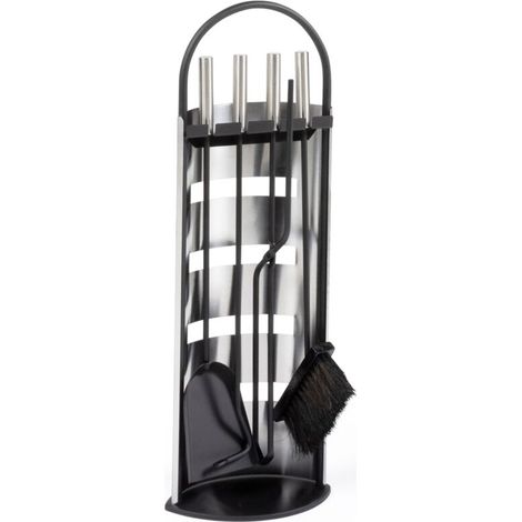 Juego de chimenea, acero inoxidable negro, juego de 5 piezas que incluye pala, cepillo, atizador, pinzas con soporte. (1/5)