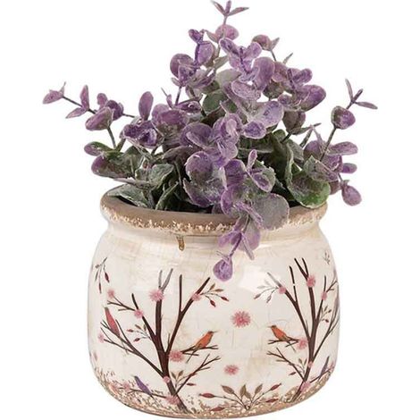 Cache-pot céramique beige marron 12x10cm – Effet vieilli – Branches élégantes – Pour intérieur avec charme naturel – La Grande Prairie