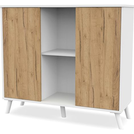 Buffet meuble de rangement à 2 portes et 2 niches centrales coloris Blanc/chêne - Longueur 100 x Hauteur 90 x Profondeur 35 cm (1/4)