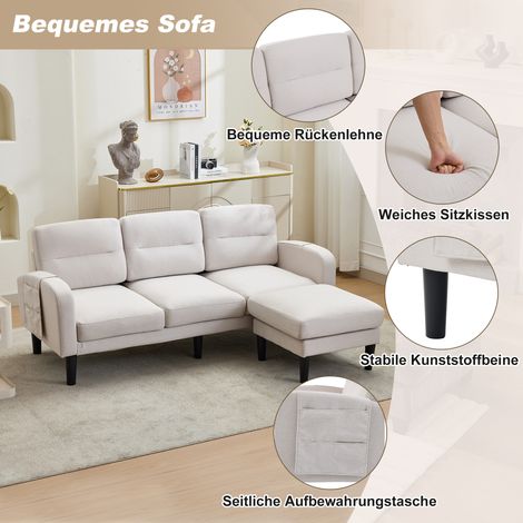 Canapé d'angle gauche 3 places avec méridienne, petit sofa en tissu beige, rangement latéral intégré, 10 pieds, salon, 204x136x80 cm (1/5)