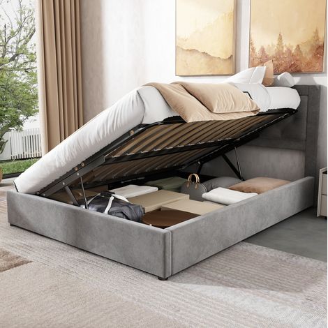 MEUBLIV Lit capitonné avec coffre de rangement latéral relevable tête de lit à motif losange cadre en acier velours gris 140 x 200 cm (1/5)