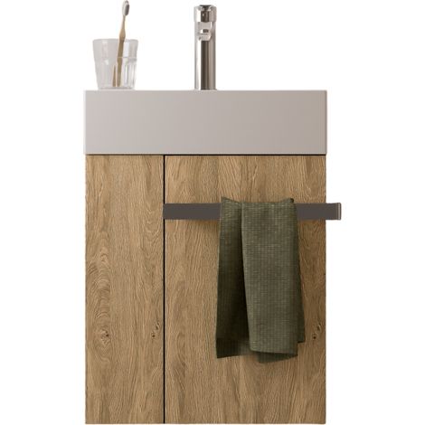 BERNSTEIN - Meuble vasque lave-main Chêne miel 45x35x50cm (LxPxH) 1 tiroir + rangement gauche + poignée Chrome - COMPACT450 Chrome, Chêne Miel doré