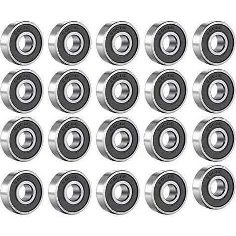 Lot de 20 roulements à billes 608 RS - En métal - À rainures - En acier carbone - Avec double blindage noir - Pour skateboard, rollers, rollers (8 mm x 22 mm x 7 mm) (1/5)