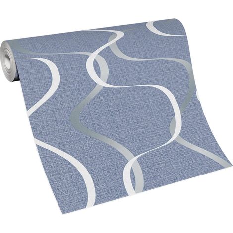Papier peint intissé bleu avec ondulations blanches Tapisserie tendance à motif ondulés pour chambre Papier peint moderne bleu & blanc (1/3)