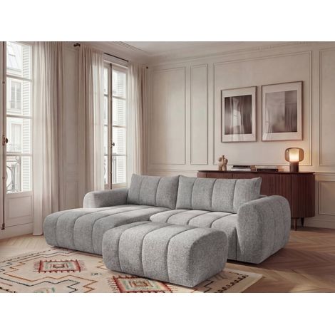 BOBOCHIC - Canapé d'angle fixe NESTY tissu chiné avec pouf Angle gauche  Gris clair (1/5)