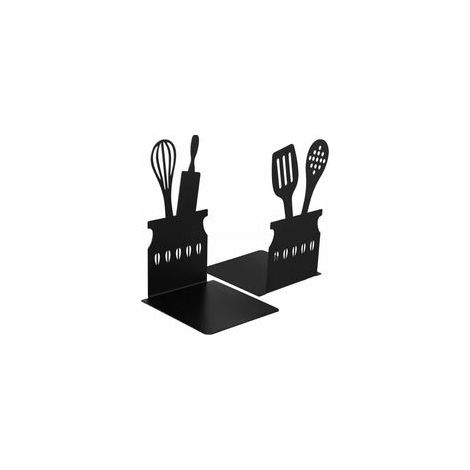 Serre-livres de cuisine noir Cuillère Livre de cuisine décoratif Serre-livres en métal avec tapis antidérapant Stockage de livres de cuisine en métal Bouchons de livres Support de livre de cuisine en