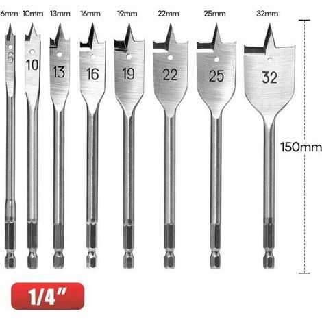 8-teiliges Flachbohrer-Set, 1/4-Zoll-Schnellwechsel-Sechskantschaft, Ø 6–32 mm (für Weichholz und Spanplatten), mit Aufbewahrungstasche (1/4)