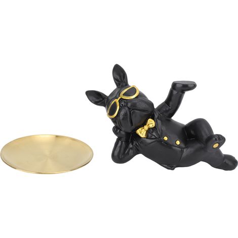 Figurine de bouledogue et plateau de rangement en résine synthétique déco original noir pour entrée maison magasin bureau (1/5)