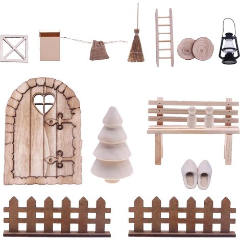 Kit Porte Lutin de Noël, Petite Porte Lutin Accessoire Miniature, Elfe Noel Decoration Maison en Bois, Porte Lutin Farceur de Noel Kit avec Mini Sapin de Noël, Balai, Chaise, Échelle, Clôture (1/5)