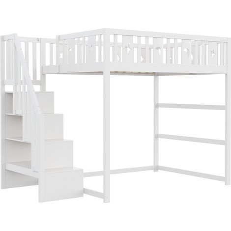 Lit mezzanine enfant 140 x 200 cm avec escalier et garde-corps blanc HOMVRA (1/5)