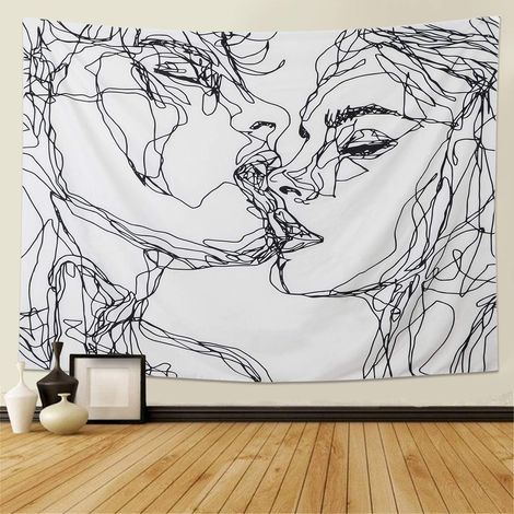 Tenture murale abstraite noir et blanc pour chambre, tapisserie 150 x 130 cm avec kit d’installation (1/5)