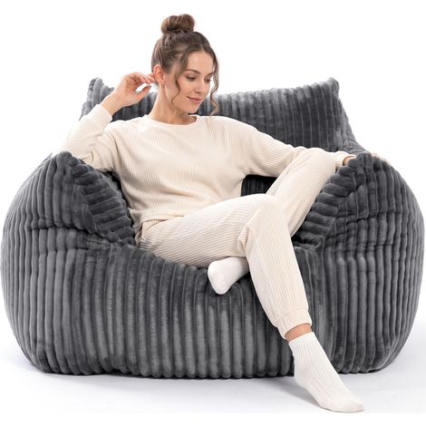 Ergonomischer Sitzsack mit Armlehnen – Sitzsack mit Füllung aus Schaumstoffschnitzeln – umhüllende Form – Cord – für Wohnzimmer, Schlafzimmer und zum Lesen – Grau (1/5)