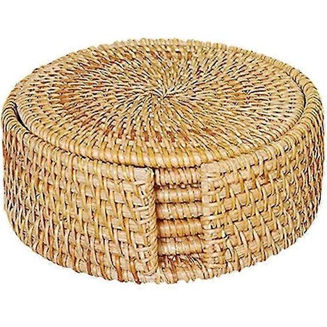 Handgewebtes Rattan-Platzset, geflochtener Rattan-Untersetzer mit Halter-13cm (1/5)
