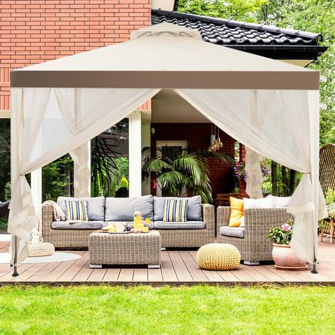 Pergola extérieure 3 m x 3 m avec moustiquaire pour jardin et pelouse - beige (1/5)
