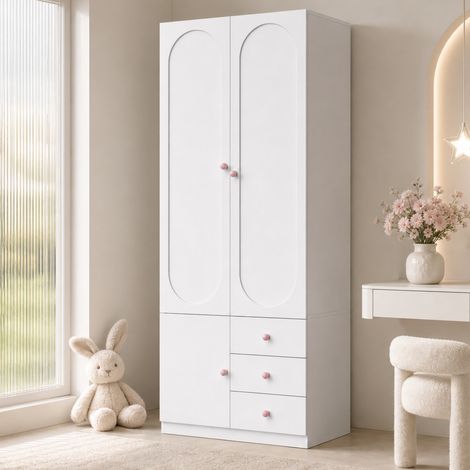 Armoire Enfant 80x50x200cm avce 2 Portes 3 Tiroirs Penderie - Blanche Poignées Céramique Rose Rangement, Chambre Moderne