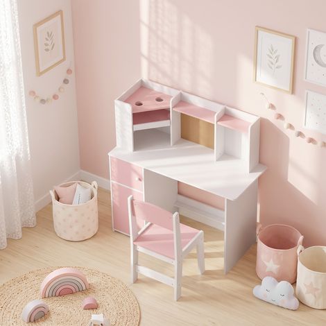 Bureau Enfant avec Chaise, Table d'Étude, Support de Tablette Réglable, Porte-Stylos, Panneau en Liège, 5-12 ans, Rose (1/5)