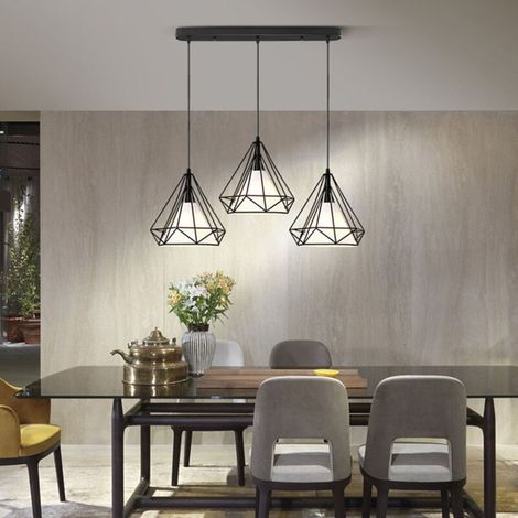 Lustre Suspension Cage Forme Diamant Contemporain Lampe Plafonnier Luminaire Lustre pour Cuisine Couloir Salle à manger Salon restaurant Noir (1/4)
