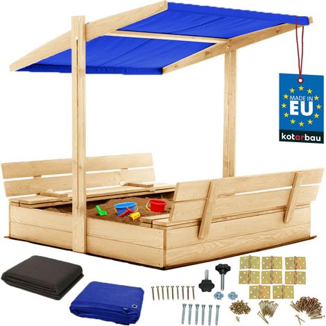KOTARBAU® Bac à Sable Enfant Extérieur Bois de Pin 120x120 cm Naturel Bac à Sable avec Couvercle et Bancs Pliables Protection Solaire avec Toit Bleu
