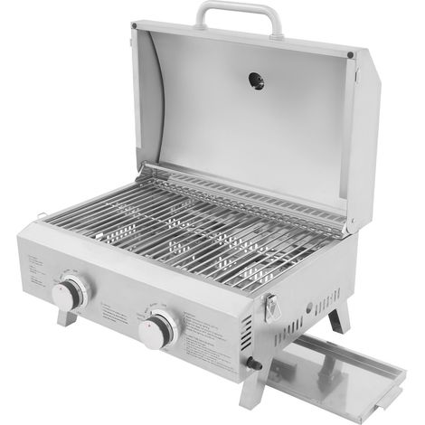 Grill à gaz de table - 2 brûleurs - Acier inox 430/304 - Thermomètre - Allumage piézo - Plieuse - Pour camping, jardin