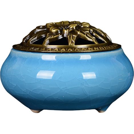 Brûleur d'encens en céramique bleu ciel, effet givre, avec couvercle, pour la maison ou l'intérieur (1/5)