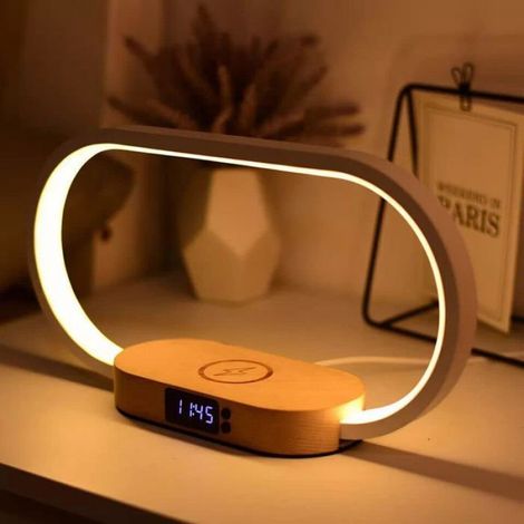 Lampe de chevet avec chargeur sans fil rapide 10 W, horloge,port USB, lampe de table de chevet,gradation continue,3 modes de couleur (1/4)