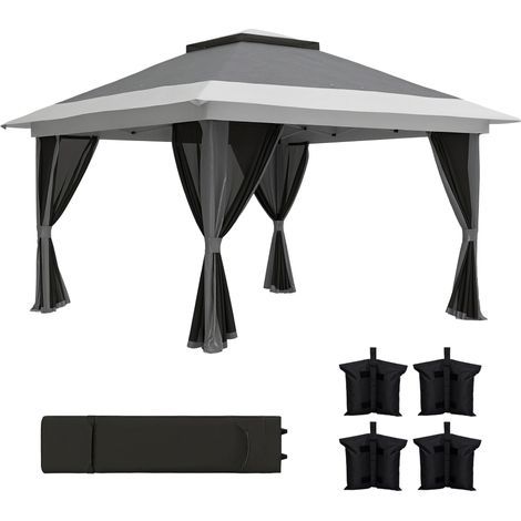Tonnelle pliante 3,6 x 3,6 m avec parois en maille anti-UV50+, hauteur réglable, sac de transport à roulettes et sacs de lestage, grise (1/5)