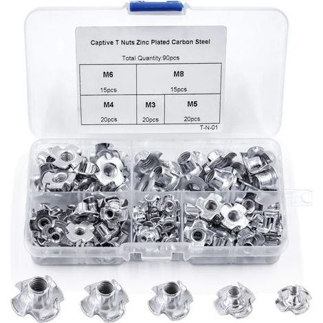 90pcs Ecrou en T 4 Griffes, Ecrous en T en Acier au Carbone, M3/M4/M5/M6/M8, Travail du Bois Meuble, Écrou Inserts en Acier au Carbone T (1/5)