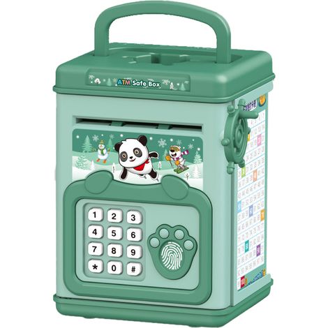 Coffre-fort vert pour enfants avec empreinte digitale, tirelire électronique éducative manuelle à code, en forme de dessin animé, pour économiser de l'argent. (1/5)