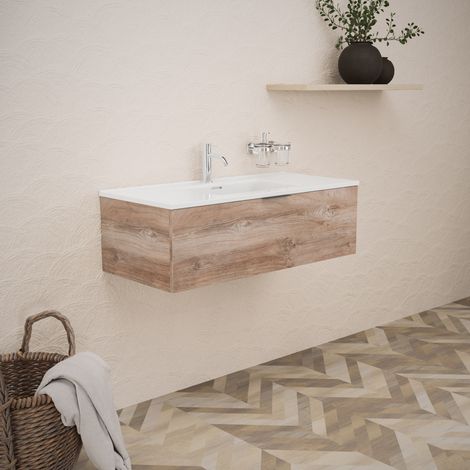 Inda - Badezimmerschrank B.100 mit glänzendem Waschbecken / Natureiche 1 Schublade - Topazio (1/5)