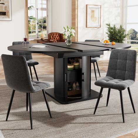 Table à manger ronde extensible plateau noir MDF rangement pied central ensemble 4 chaises rembourrées gris tissu capacité 4-6 convives charge 75kg (1/5)