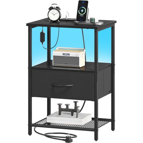 Somdot Table de Chevet LED avec Station de Charge – Dimensions 30 x 40 x 59,5 cm – 1 tiroir en Tissu – Noir